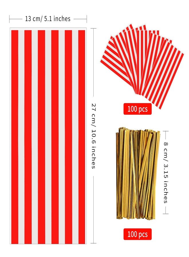 Lecferrarc 100 Pcs Carnival Treat Bags Circus Carnival Cellophane Candy Bags Red and White Stripe Circus Party Favors with Twist Ties for Birthday Party Supplies - Image 2